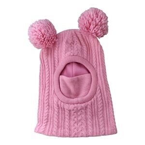 Kids Pink Pom Pom Knit Balaclava Hat